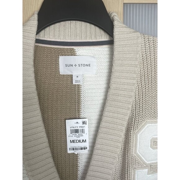 SUN + STONE Men's Chunky Knit Cardigan Cotton Collegiate Grandpacore Preppy M - Picture 3 of 6
